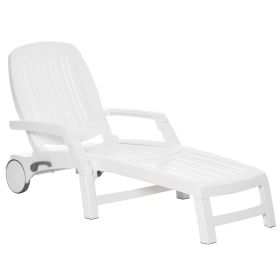 Outdoor Chaise Lounge Chair White with Wheels and Storage Box 5-Position Recliner for Garden Beach