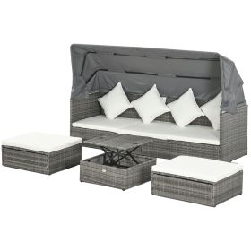 Outdoor Rattan Sofa Set 4-Piece with Retractable Canopy Wicker Sectional Height Adjustable Table Cushions Cream