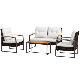 4-Piece Rattan Patio Furniture Set with Loveseat Sofa, Chair, Wood Coffee Table, Cushions, for Outdoor, Backyard, White