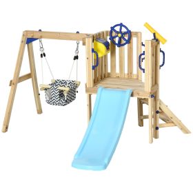 3-in-1 Wooden Swing Set with Slide, Swing Seat, Fort, Wheel, Telescope & Mailbox, for 1.5-4 Years Old, Children's Outdoor Toys