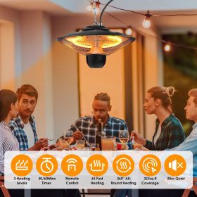 1500W Outdoor Patio Heater Electric Hanging Heated Ceiling Mounted Heating Lamp IP23 Waterproof with 3 Heating Levels 30Mins/60Mins Timer 2 Remot