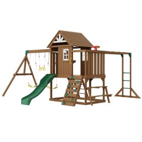 VEVOR Wooden Swing Set, 10 IN 1 Playground Sets for Backyards, 2 Swings, Trapeze Bar, 6FT Slide, Large Upper Fort with Kitchen Toys, Flat Step La