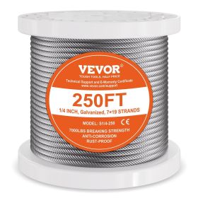 VEVOR Wire Rope, 1/4" 250 ft Zinc Galvanized Carbon Steel Cable with Gloves, 7000 lbs Breaking Strength